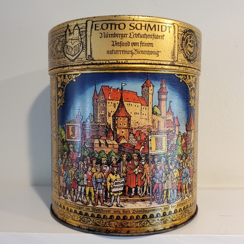 Vintage German E. Otto Schmidt biscuit tin with Renaissance theme images